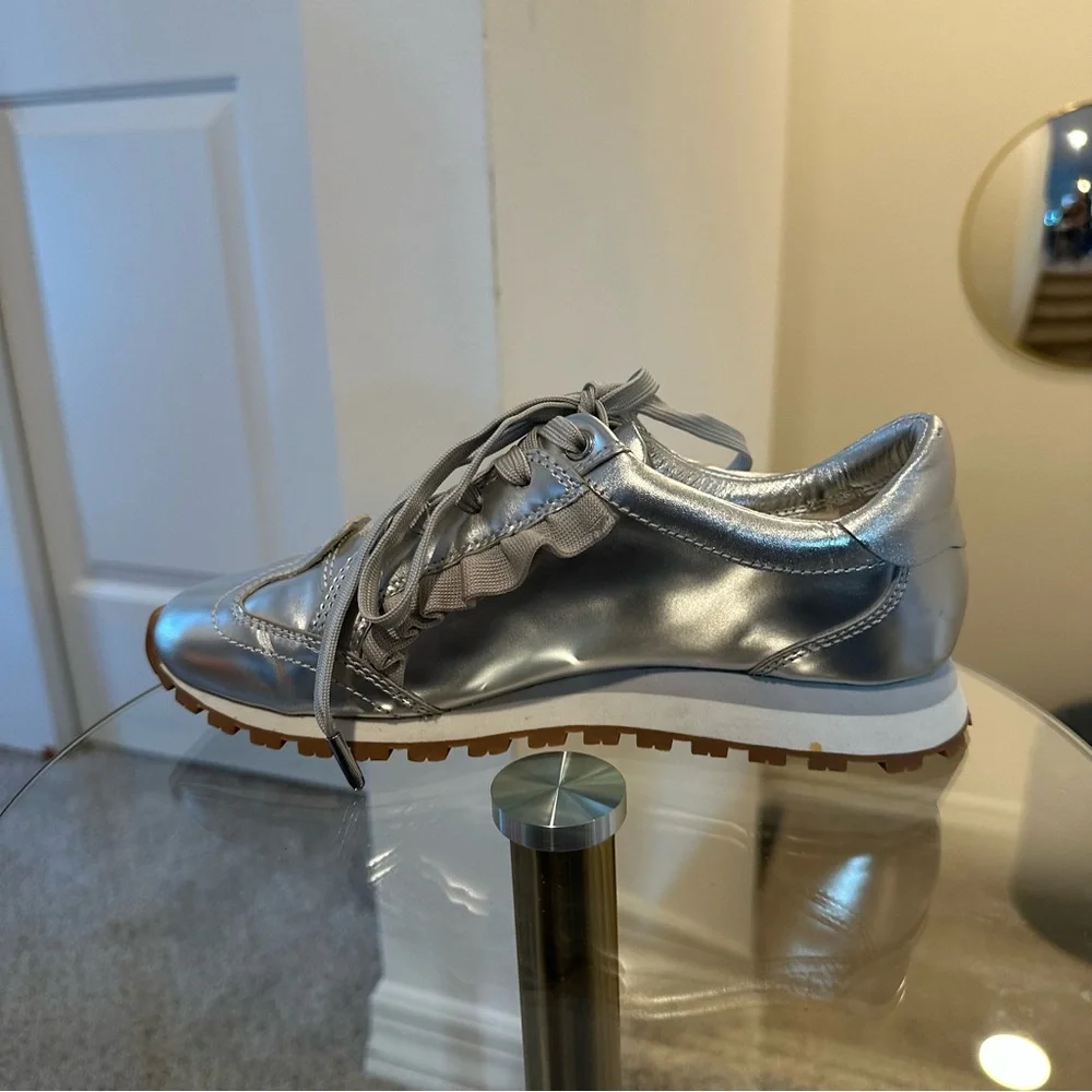 Tory Burch Sport Women's Ruffle Trainer Leather Lace Up Sneakers in Silver